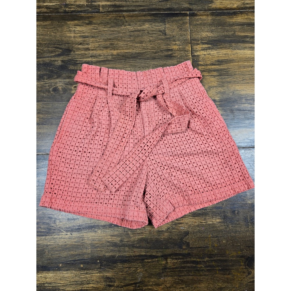 A New Day Women Coral Pink Eyelet Paperbag High Waist Tie Belt Shorts Size 4